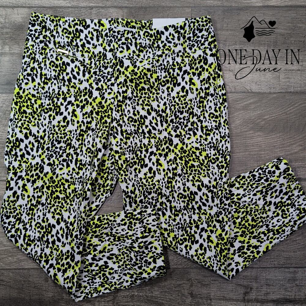Peck & Peck Eva Crop Leopard Print Straight Leg Pants White Neon NWT Size 12